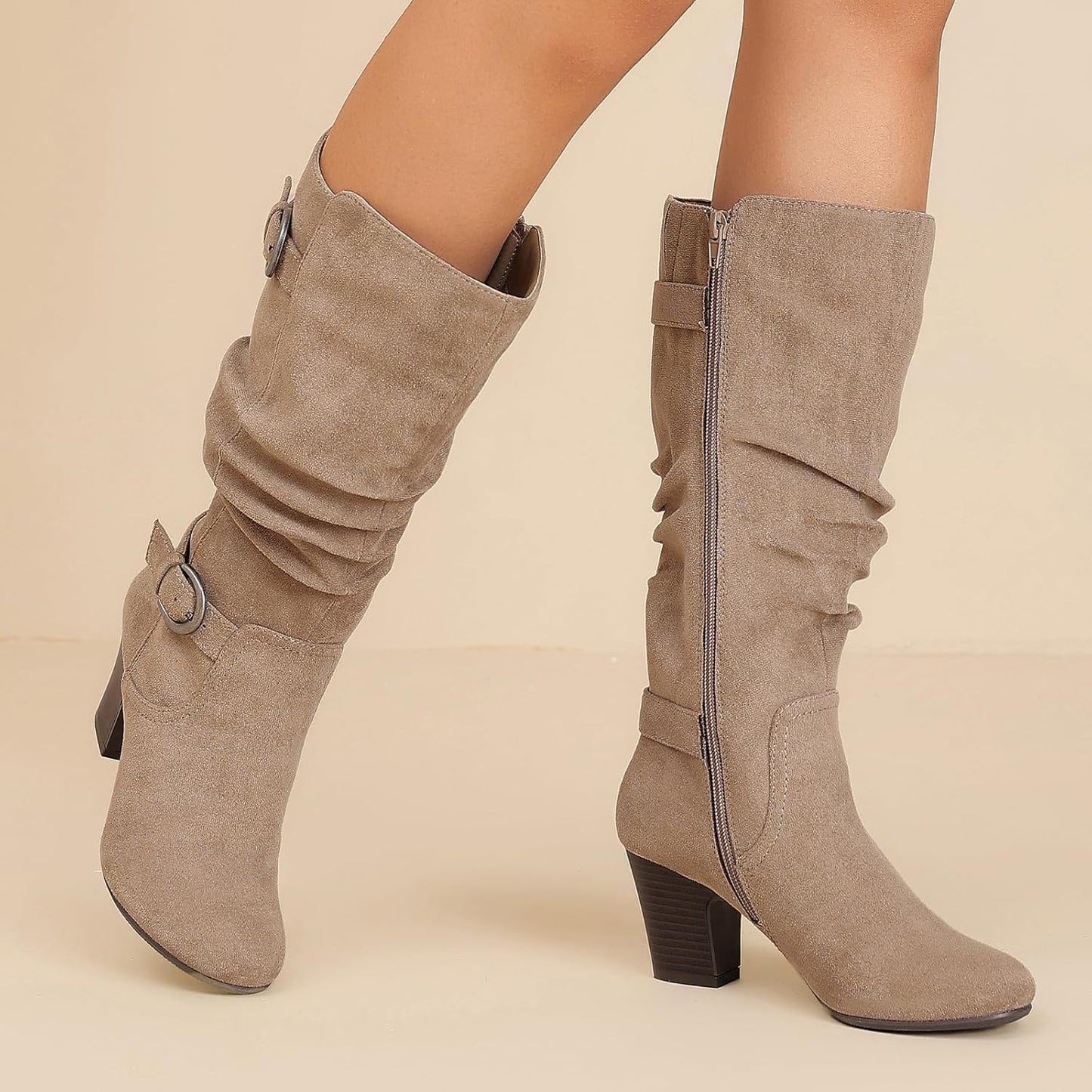 Women's Slouchy Knee High Boots with Chunky Heel, Pointed Toe, Comfortable and Fashionable Fall Winter Boots for Women.