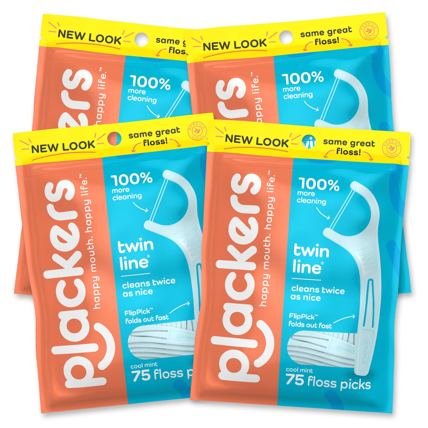 Plackers Twin-Line Dental Flossers, Cool Mint Flavor, Dual Action Flossing System, Easy Storage, Super Tuffloss, 2X The Clean, 75 Count