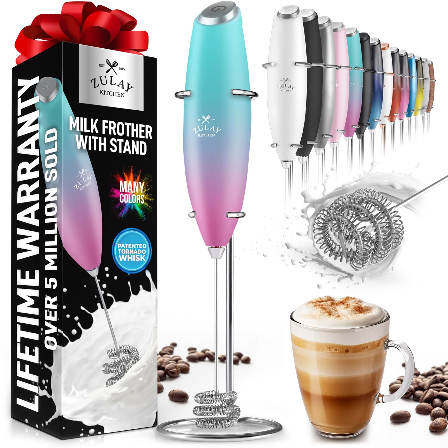 Zulay Kitchen Powerful Milk Frother Wand With 2 Duracell Batteries - Ultra Fast Handheld Drink Mixer - Electric Whisk Foam Maker for Coffee, Lattes, Cappuccino, Matcha, Hot Chocolate & Creamer - Black