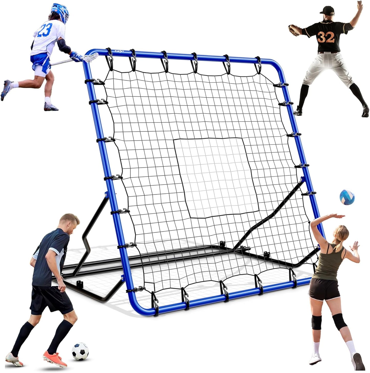 Volleyball Rebounder Net - Adjustable Volleyball Equipment, Soccer Nets, Baseball Rebounders Nets & Lacrosse Practice Net w Robust Steel Frame & PE Netting - Easy Setup Bounce Back Training Aids