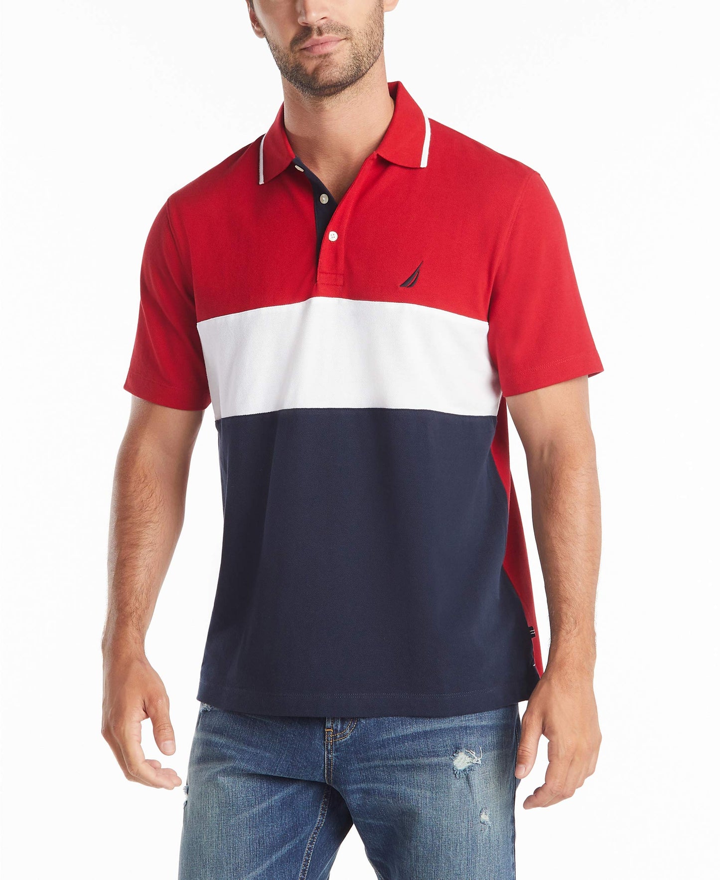 Nautica Men's Short Sleeve 100% Cotton Pique Color Block Polo Shirt