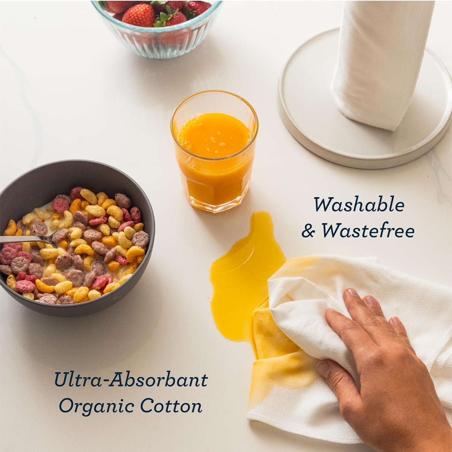 Esembly Paperless Towel Roll - Reusable Kitchen Towels 12-Pack Washable Cotton with Laundry Bag & Hook - Zero-Waste, Absorbent, Washable - Botany