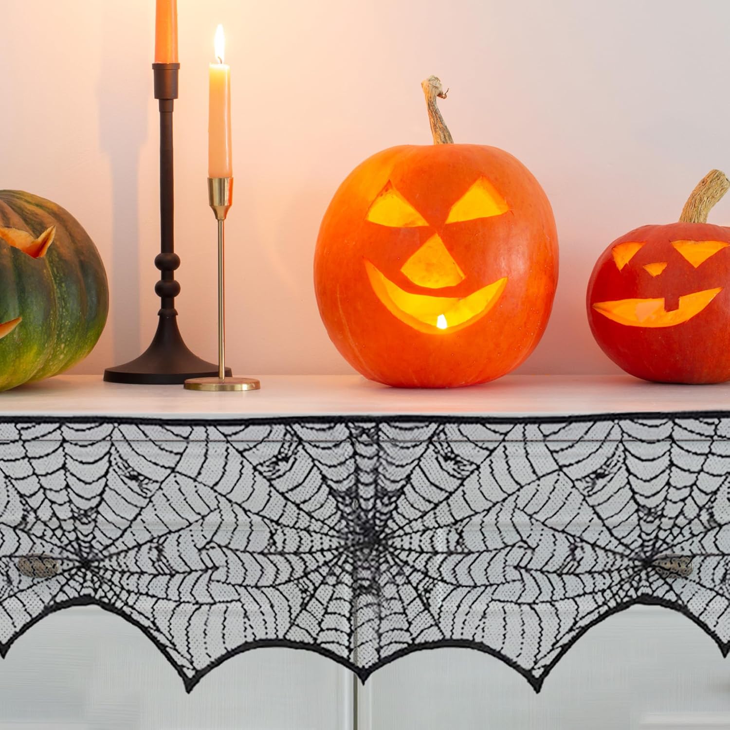Halloween Mantel Scarf Black Lace Spiderweb for Fireplace Decor Halloween Decorations Indoor Fireplace Scarf(18 x 96 inch)(Black)