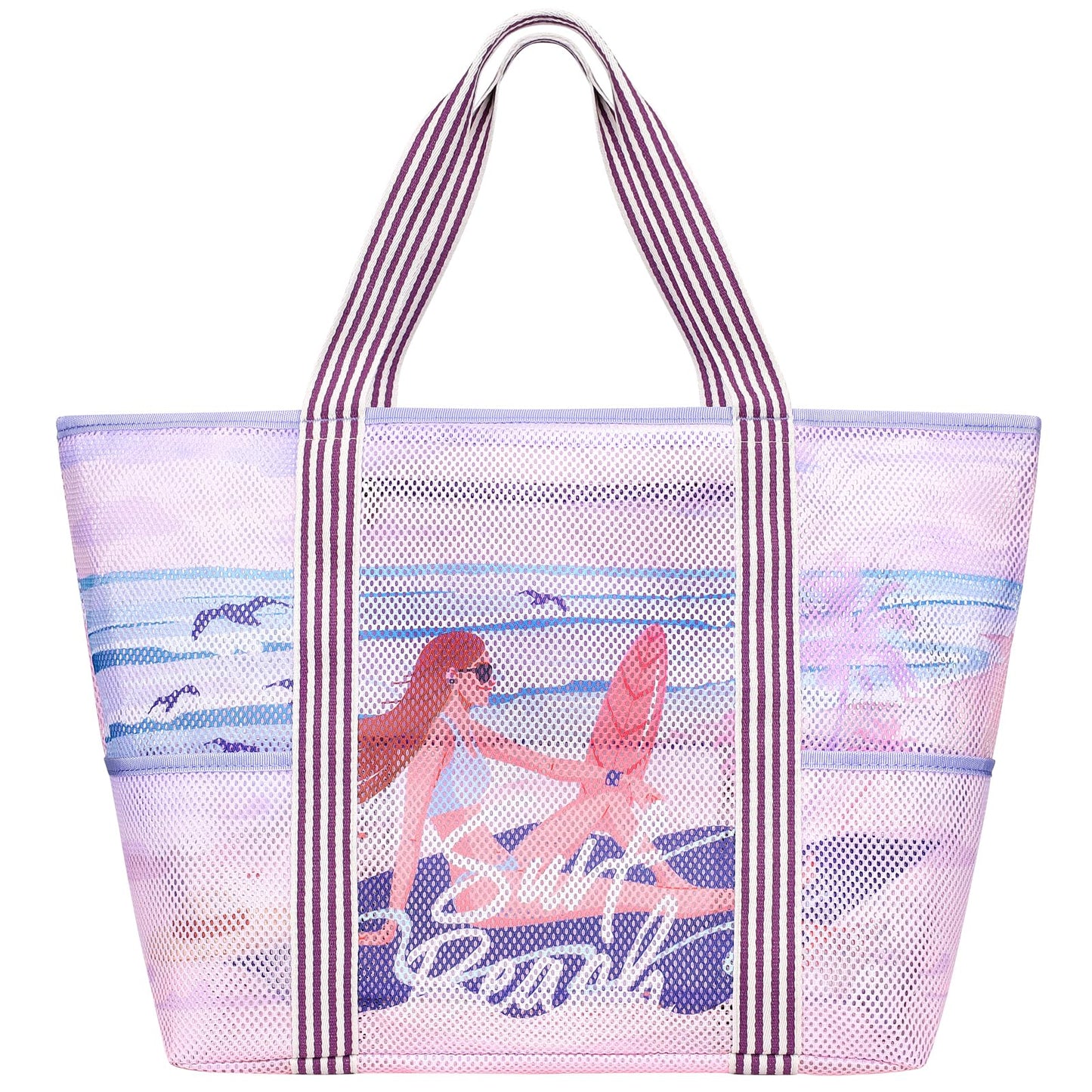 F-color Mesh Beach Bag Family - 9 Pockets Large Beach Tote for Cruise Vacation Essentials