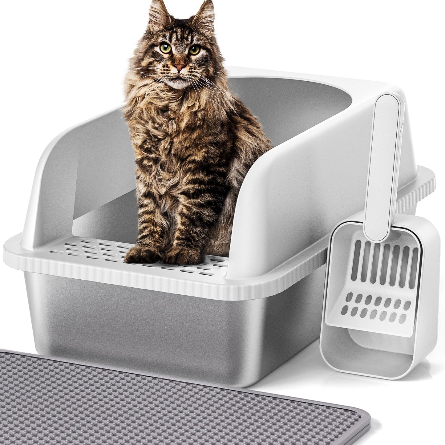 Stainless Steel Cat Litter Box with Lid, 24" L x 16" W x 11.8" H, Extra Large Litter Box for Big Cats with High Sided, Anti-Urine Leakage, Easy Cleaning, Include Cat Mat and Scoop