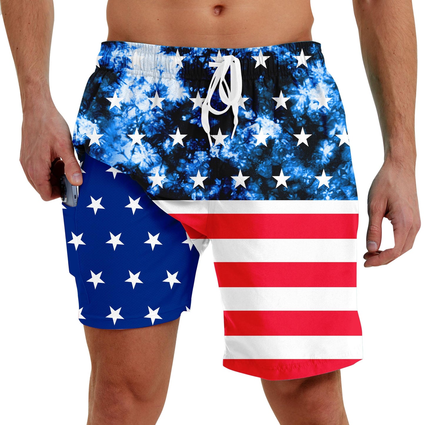Men Swim Trunks with Compression Liner Men's 2 in 1 Bathing Suits 7 Inch Hawaiian Board Shorts