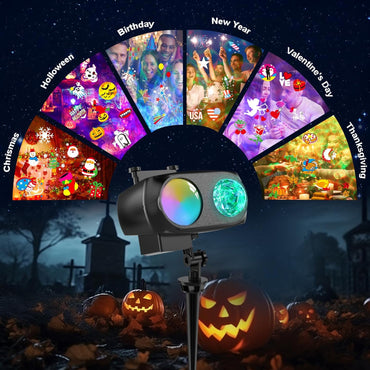 8-Pattern Halloween Projector Lights Outdoor 2-in-1, Holiday Projector Lights Outdoor 26 Effects (Projection Card +3D Ocean Wave) with Timer, Halloween Christmas Decorations Lighting for Party Decor