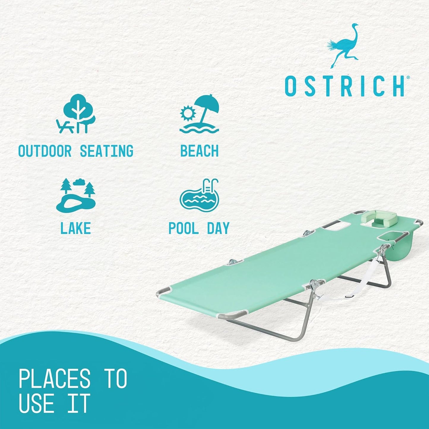 Ostrich Folding Beach Lounge Chair, Reclining Outdoor Chaise Lounger, Teal