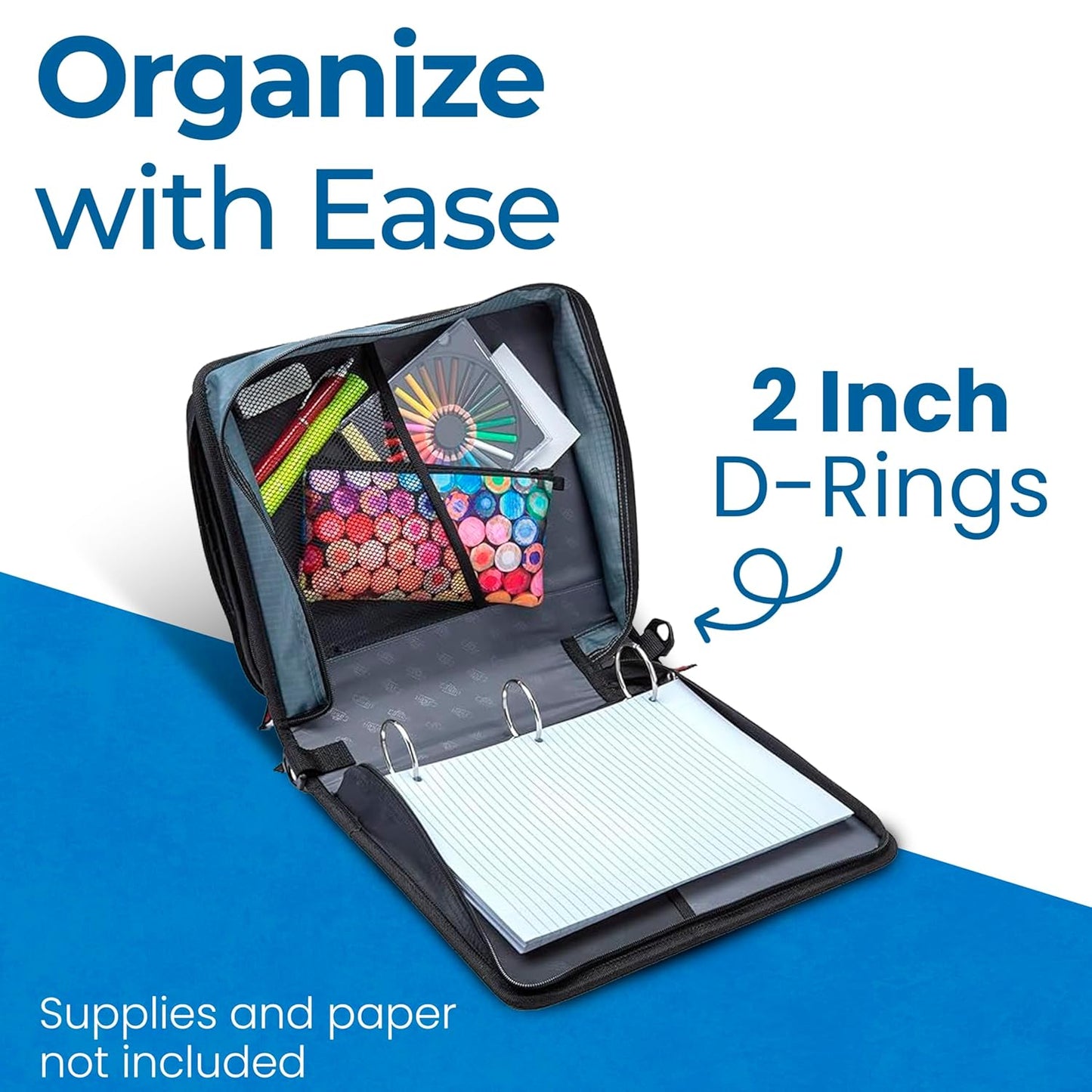 Case-It 2 Inch 3 D-Ring Zipper Binder with Padded Laptop Case Workstation, Shoulder Strap, LT-117, Black