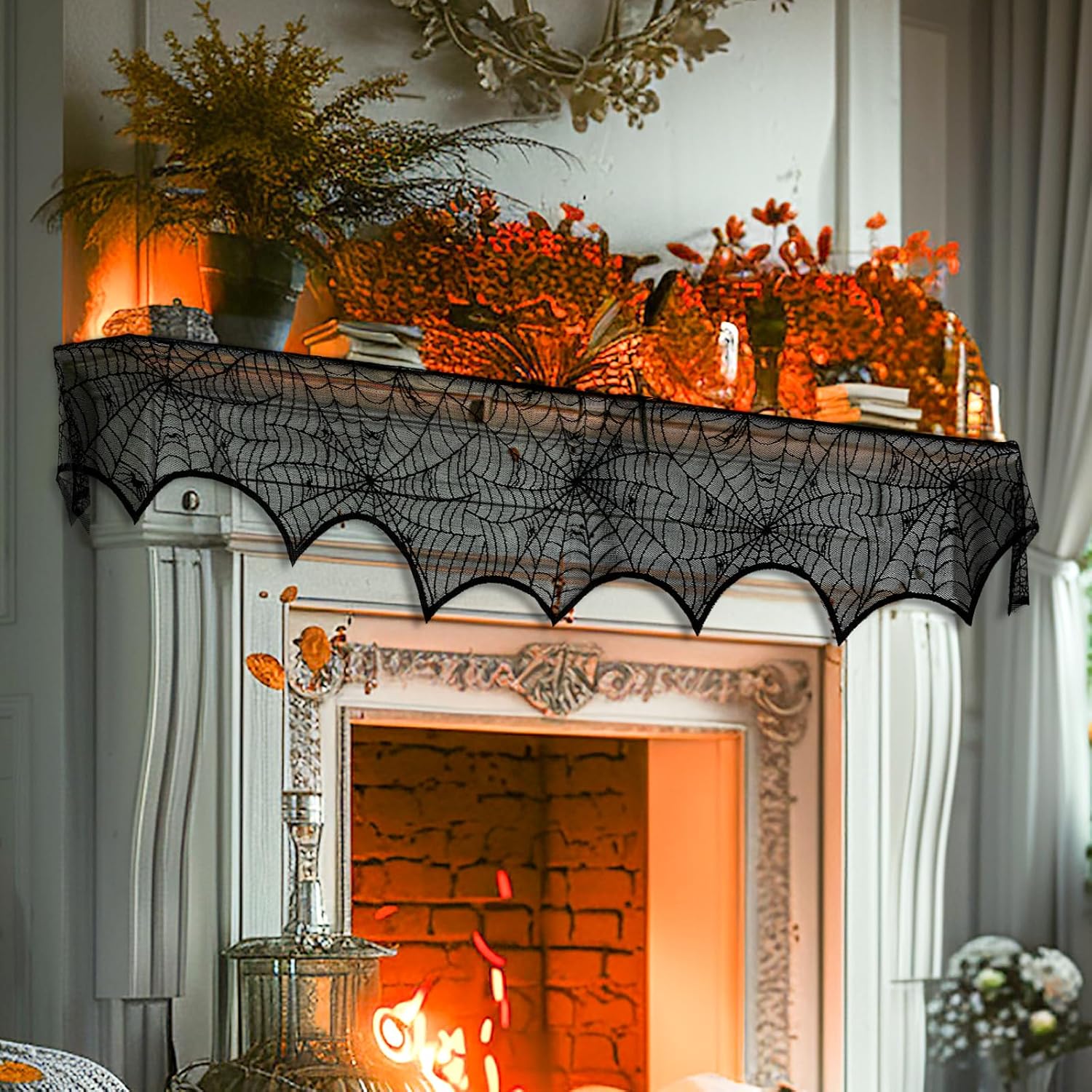Halloween Mantle Scarf Fireplace Cover 18 x 96 inch Black Lace Cobweb Fireplace Mantle Scarf Cover for Halloween Decorations Festive Party Supplies Decor