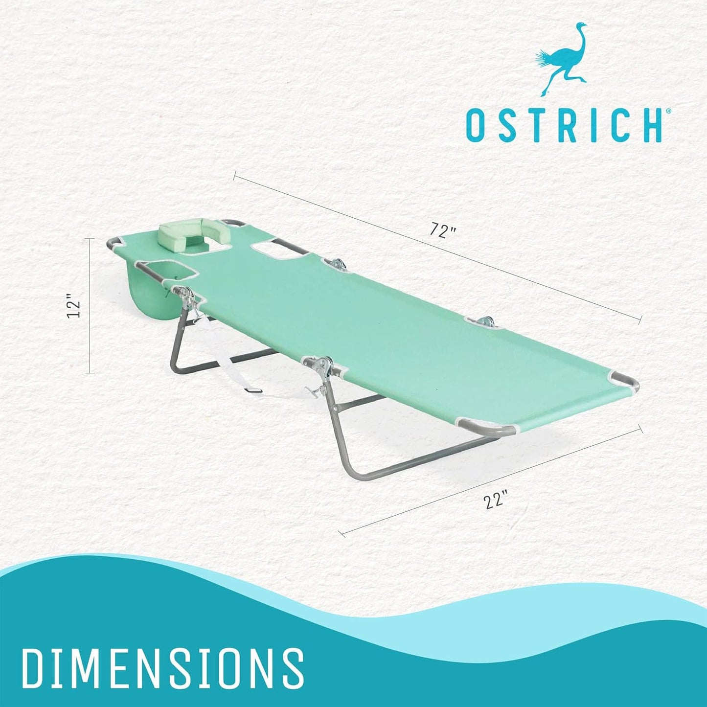 Ostrich Folding Beach Lounge Chair, Reclining Outdoor Chaise Lounger, Teal