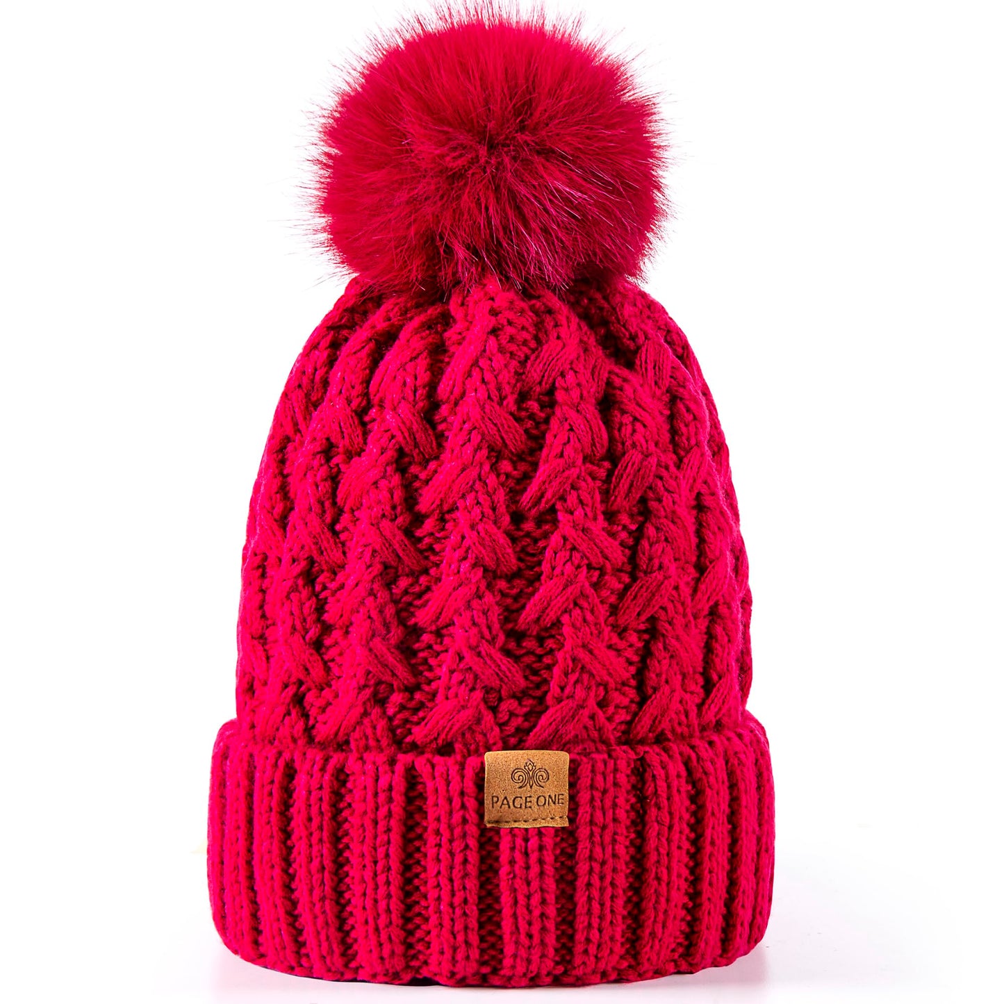 PAGE ONE Womens Winter Ribbed Beanie Crossed Cap Chunky Cable Knit Pompom Soft Warm Hat