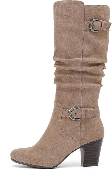 Women's Slouchy Knee High Boots with Chunky Heel, Pointed Toe, Comfortable and Fashionable Fall Winter Boots for Women.