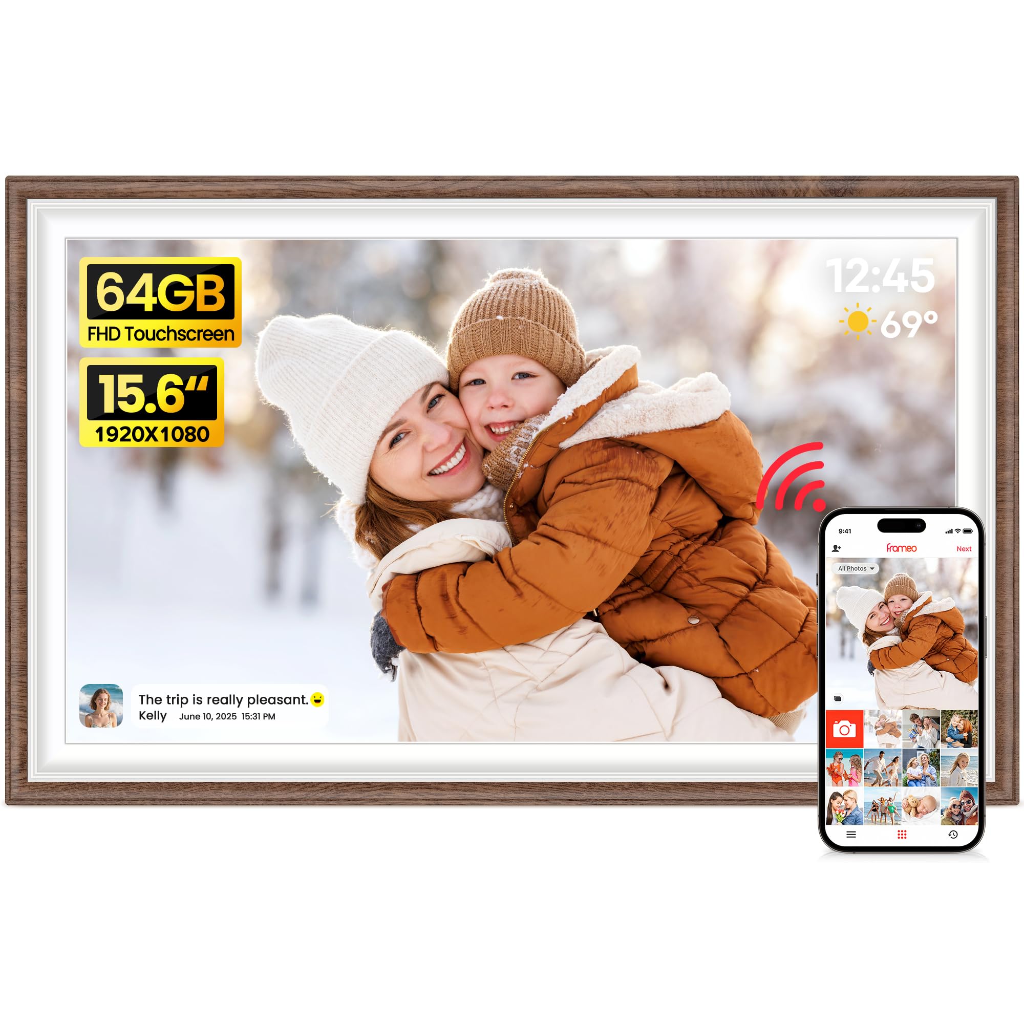 64GB 15.6" Frameo Digital Picture Frame WiFi, Large Electronic Photo Frames 1920 x 1080 IPS FHD Touch Screen, Send Photos from Your Phone from Anywhere, Best Gifts for Parents and Grandparents