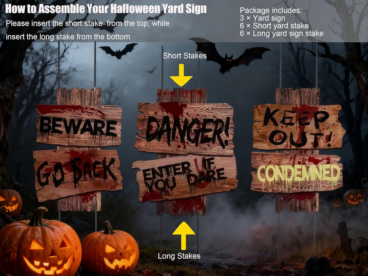 Halloween Decorations, 3 Pack 19" x 16" Yard Signs Stakes Props Outdoor Decor Scary Zombie Vampire Graves Holiday Party Supplies