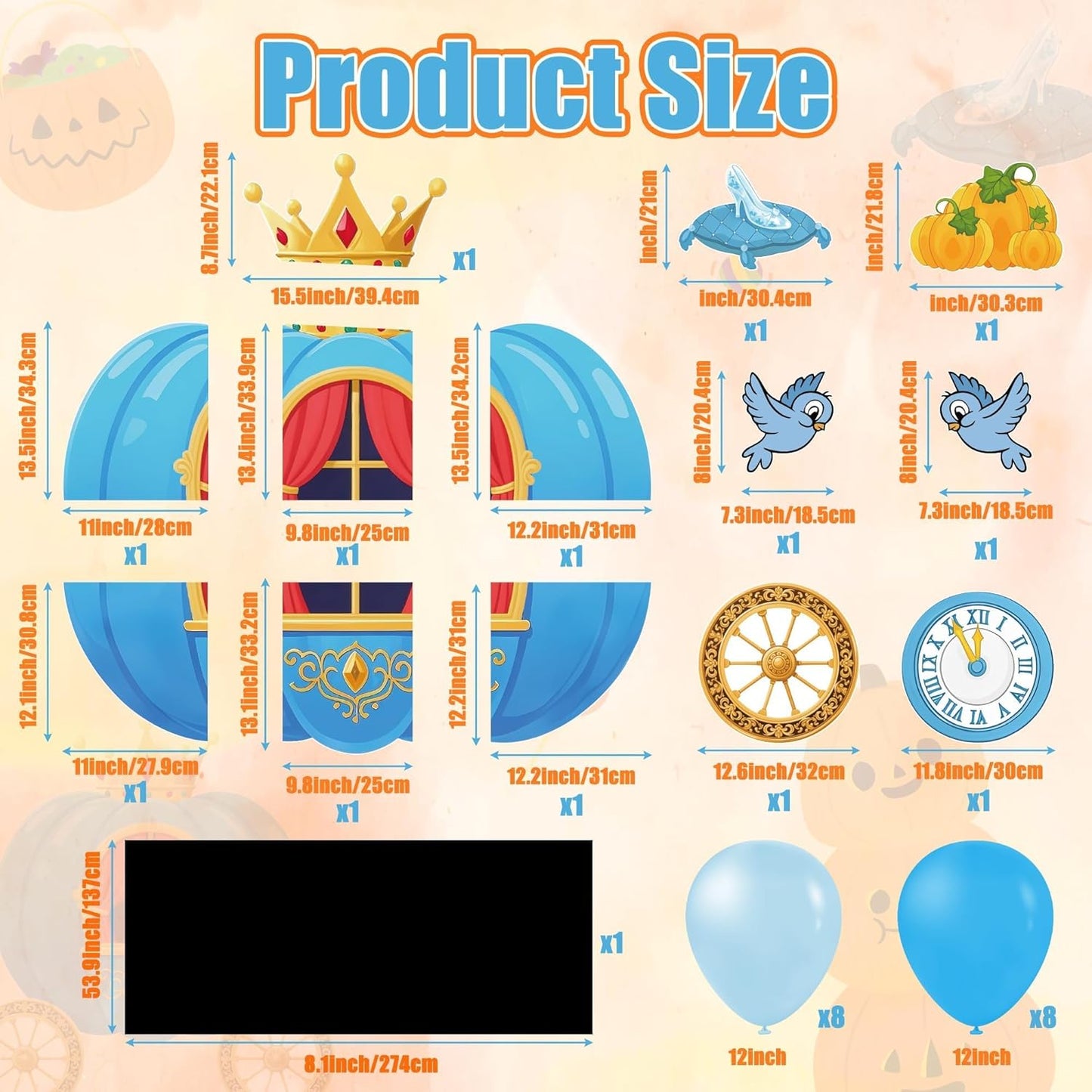 Halloween Trunk or Treat Party Decoration Kit - Princess Prince Car Archway Garage Decoration Halloween Blue Pumpkin Cartoon Cutouts with Backdrop Balloons for House Outdoor Decor, 42Pcs