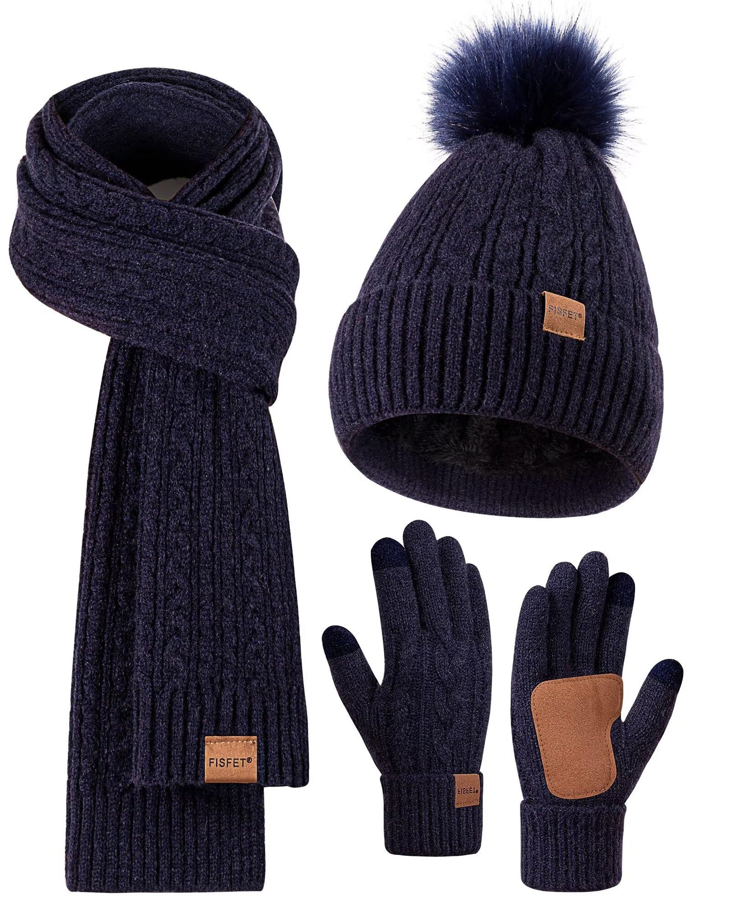 Winter Beanie Hat Scarf Gloves Set for Women, Pom Pom Beanie Fleece Lined Knit Neck Warmer Touchscreen Gloves 3 in 1 Gift Set
