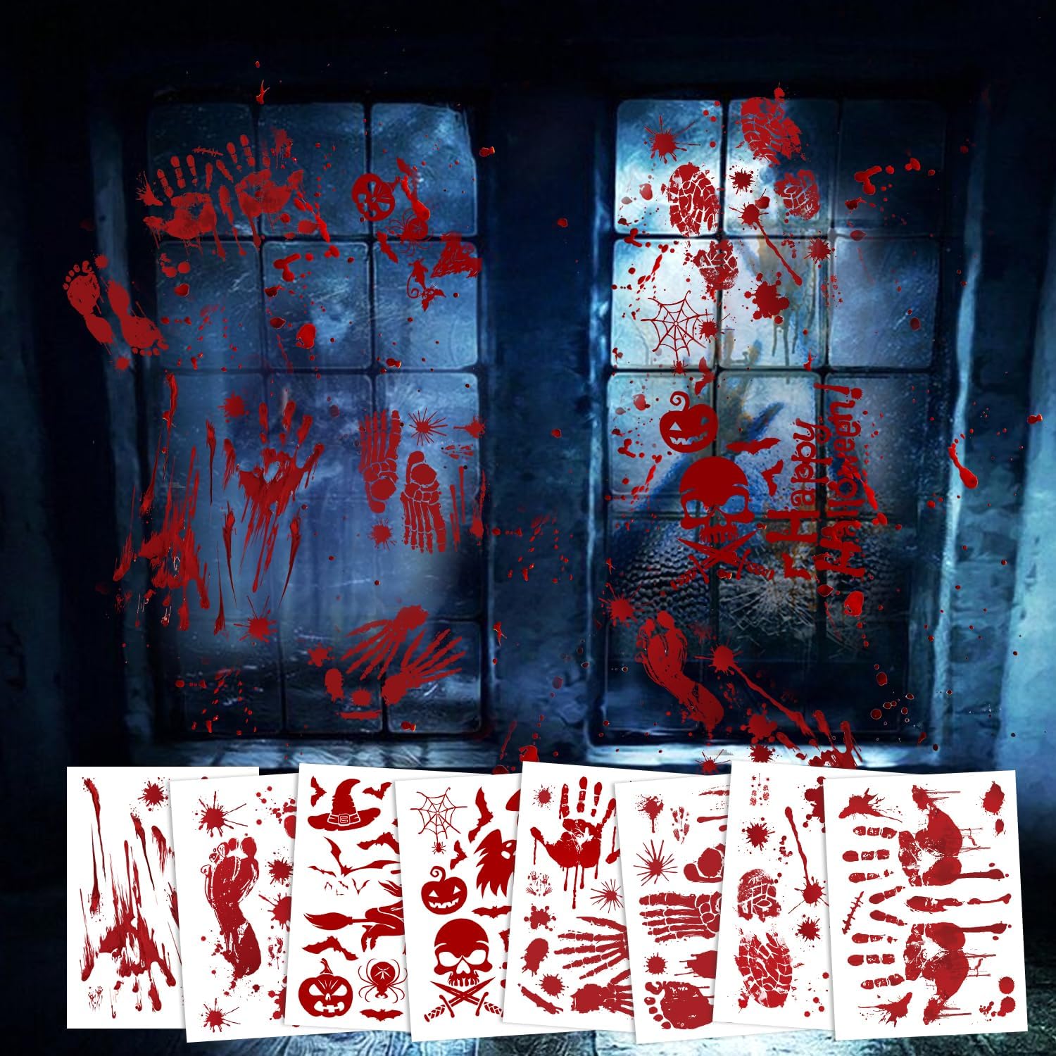 Halloween Decorations, 8 Sheet/95Pcs Halloween Bloody Handprint Footprint Wall Decal Floor Clings, Horror Handprint Home PVC Halloween Decoration Window Stickers