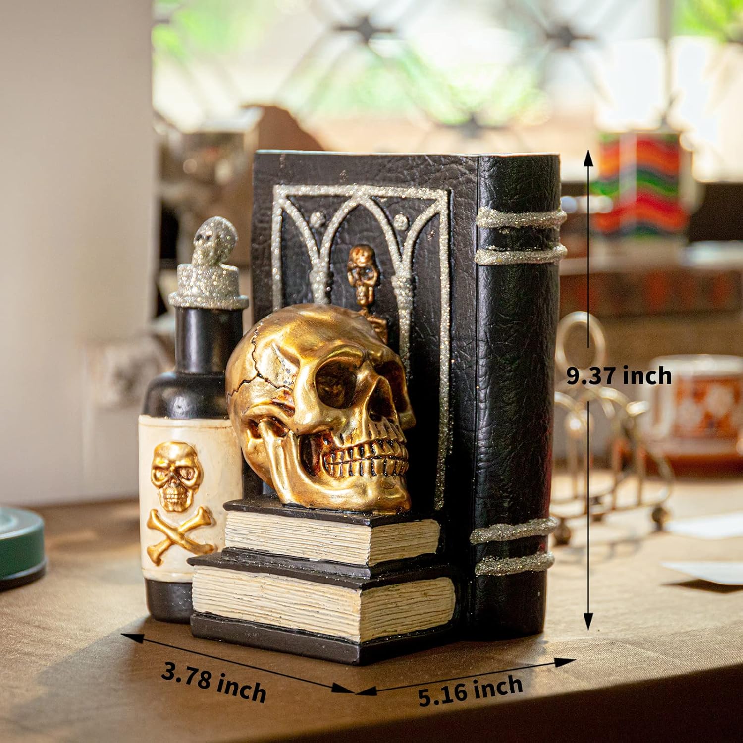 Halloween Skull Decor, Gothic Skeleton Heads and Book Resin Statue, Collectible Figurines for Halloween Decor Unique Gifts for Home Decorations 9.2"