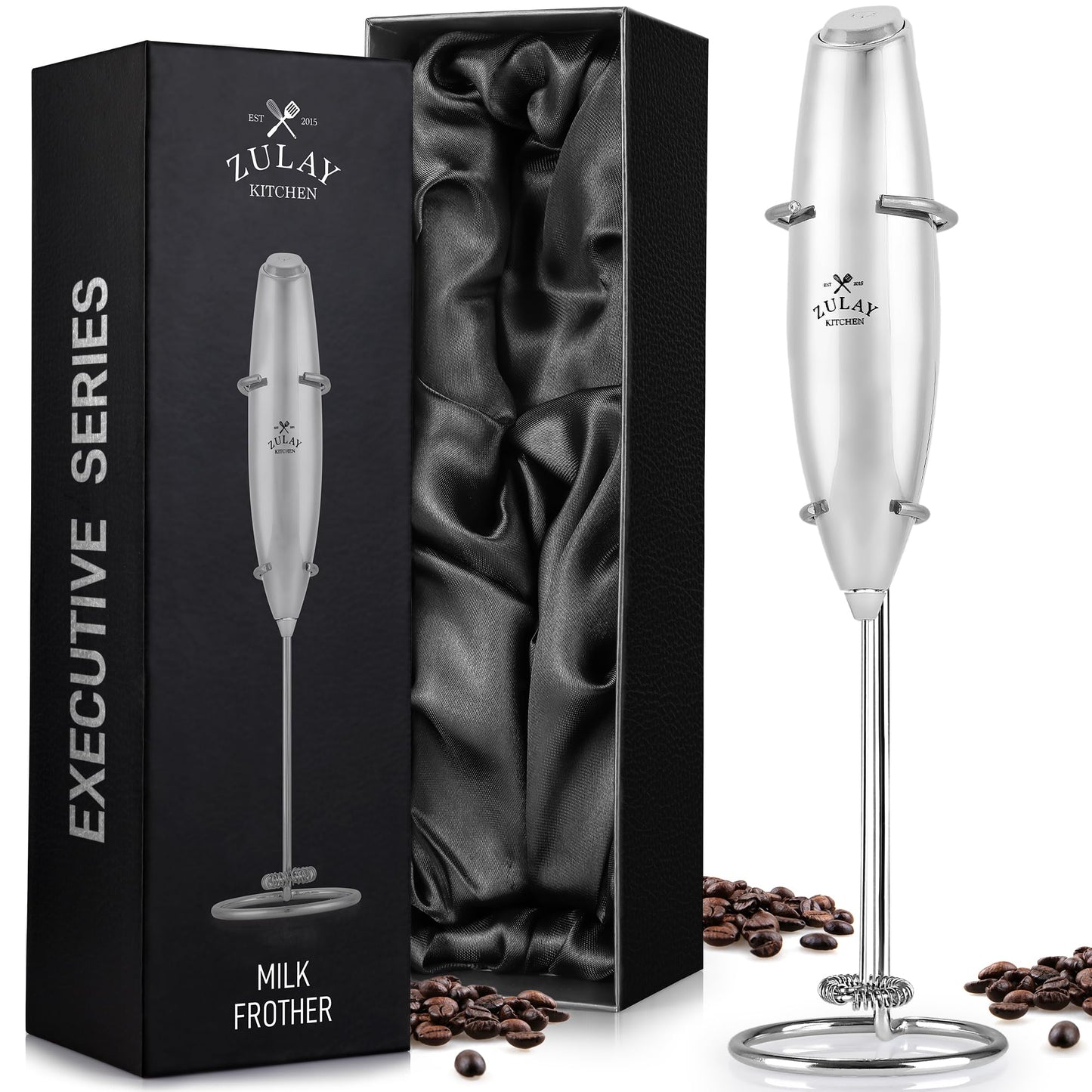 Zulay Kitchen Powerful Milk Frother Wand With 2 Duracell Batteries - Ultra Fast Handheld Drink Mixer - Electric Whisk Foam Maker for Coffee, Lattes, Cappuccino, Matcha, Hot Chocolate & Creamer - Black