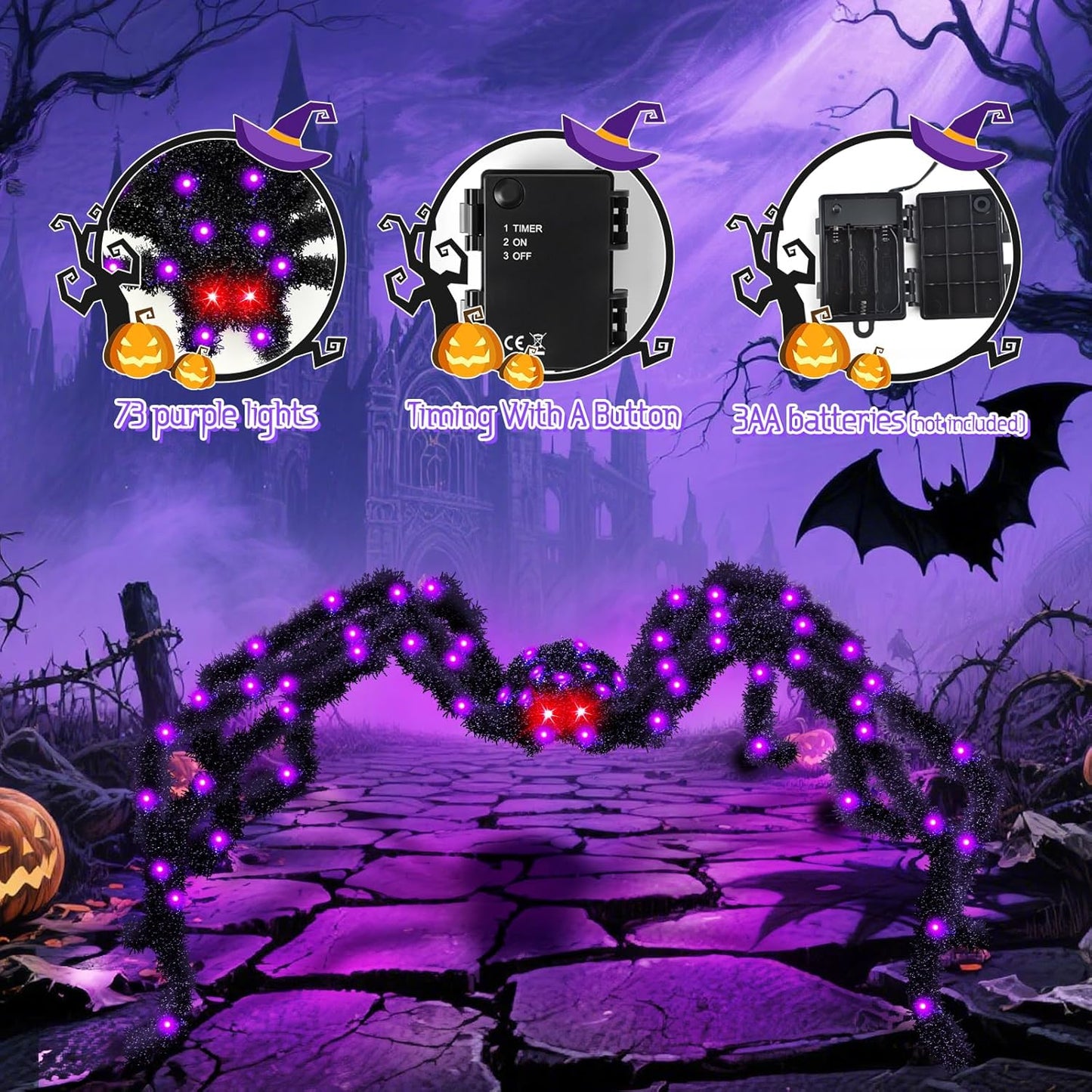 Halloween Spider Lights with Timer 73 LED Giant Fuzzy Spider Halloween Decor for Indoor Outdoor Halloweens Decorations Yard Porch Haunted House Scary Spider Web Display