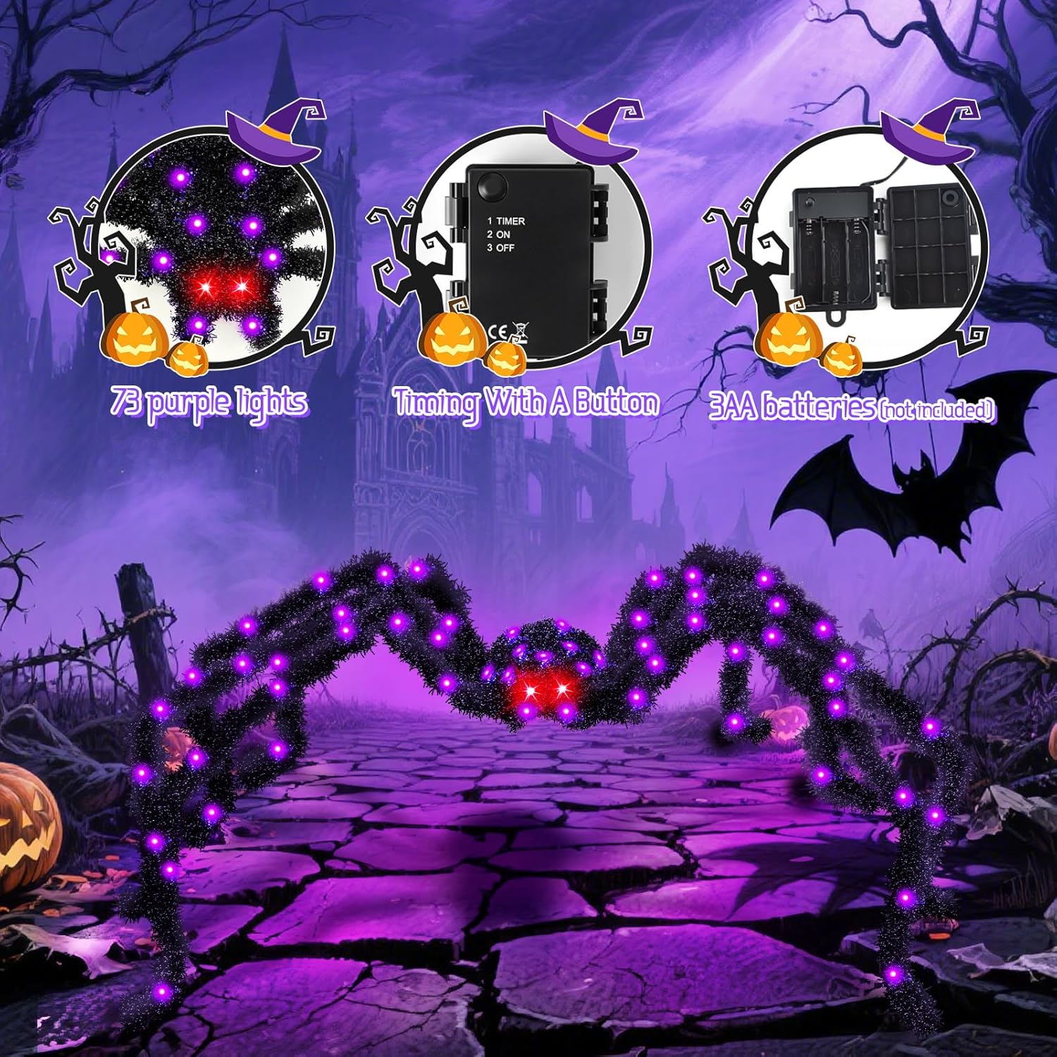 Halloween Spider Lights with Timer 73 LED Giant Fuzzy Spider Halloween Decor for Indoor Outdoor Halloweens Decorations Yard Porch Haunted House Scary Spider Web Display