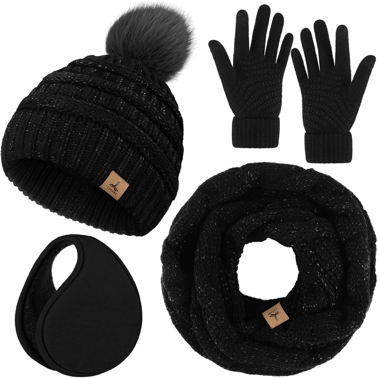 Winter Hat Scarf Gloves and Ear Warmer, Warm Knit Beanie Hat Touch Screen Gloves Set Winter Gifts Neck Scarves for Women