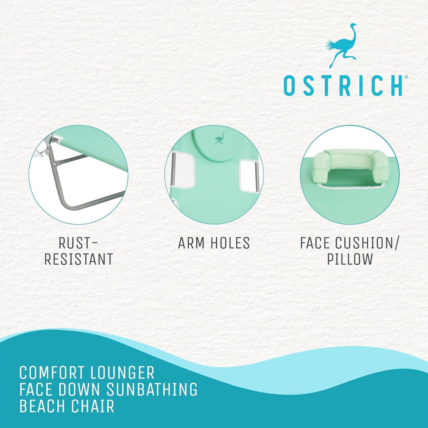 Ostrich Folding Beach Lounge Chair, Reclining Outdoor Chaise Lounger, Teal