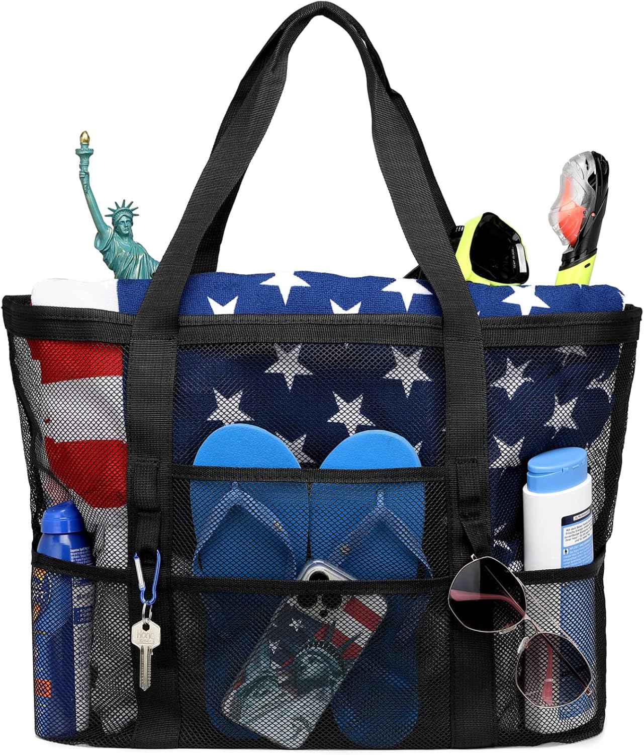 F-color Mesh Beach Bag Family - 9 Pockets Large Beach Tote for Cruise Vacation Essentials