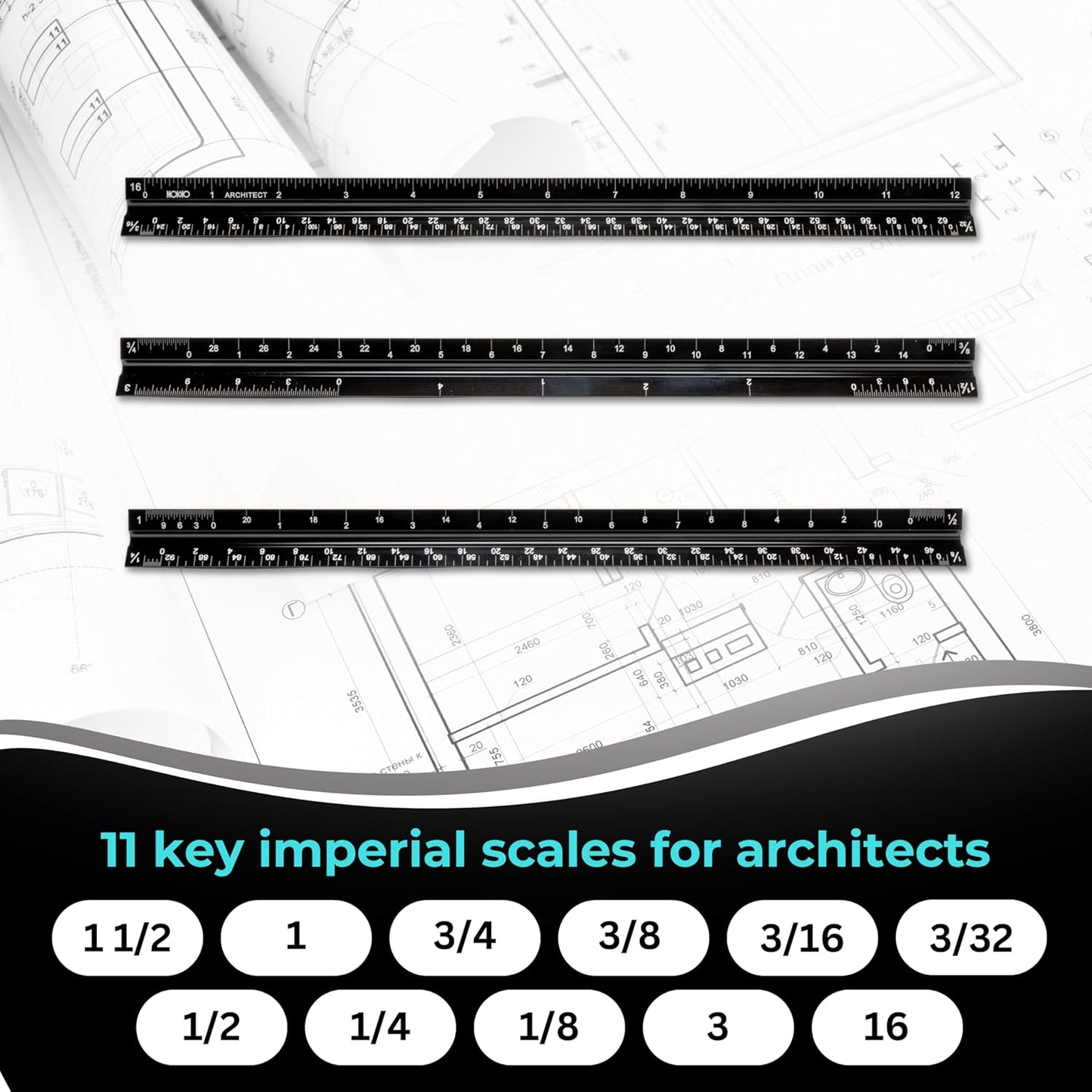NOKKO 12 Inch Architectural Scale Ruler - Imperial Measurements, Professional Aluminum Drafting Tools for Architects, Engineers, Interior Designers, Students, and DIY Projects - Architecture Supplies