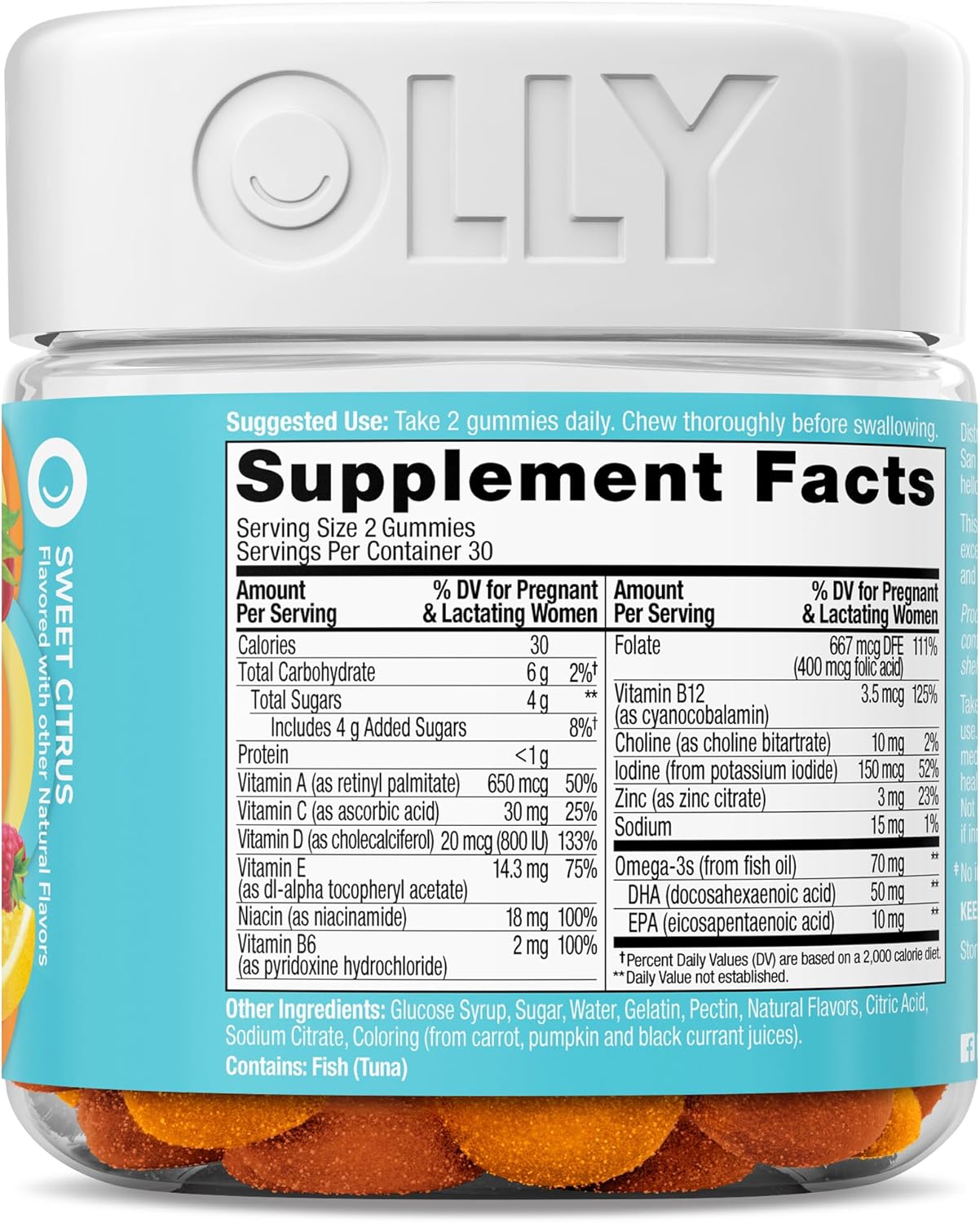 OLLY Prenatal Multivitamin Gummy, Supports Healthy Growth and Brain Development, Folic Acid, Vitamin D, Omega 3 DHA, Chewable Supplement, Citrus Berry Flavor, 30 Day Supply - 60 Count