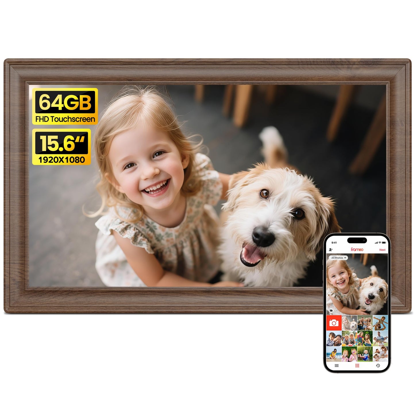 64GB 15.6" Frameo Digital Picture Frame WiFi, Large Electronic Photo Frames 1920 x 1080 IPS FHD Touch Screen, Send Photos from Your Phone from Anywhere, Best Gifts for Parents and Grandparents