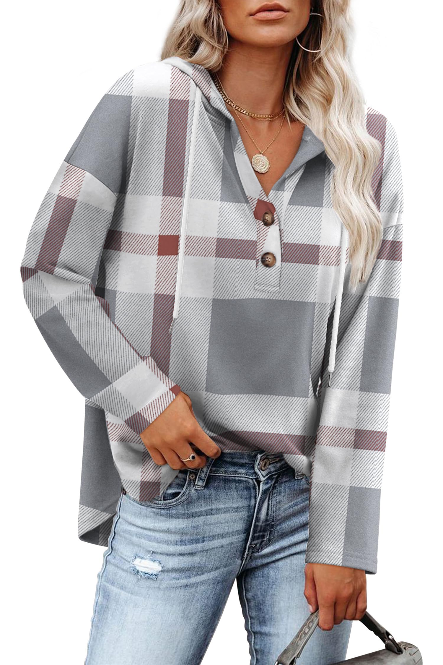 RUMIA Womens Tops V Neck Button Sweatshirt for Women Pullover Long SLeeve Shirts Fall Outfits 2025 Loose Fit S-3XL