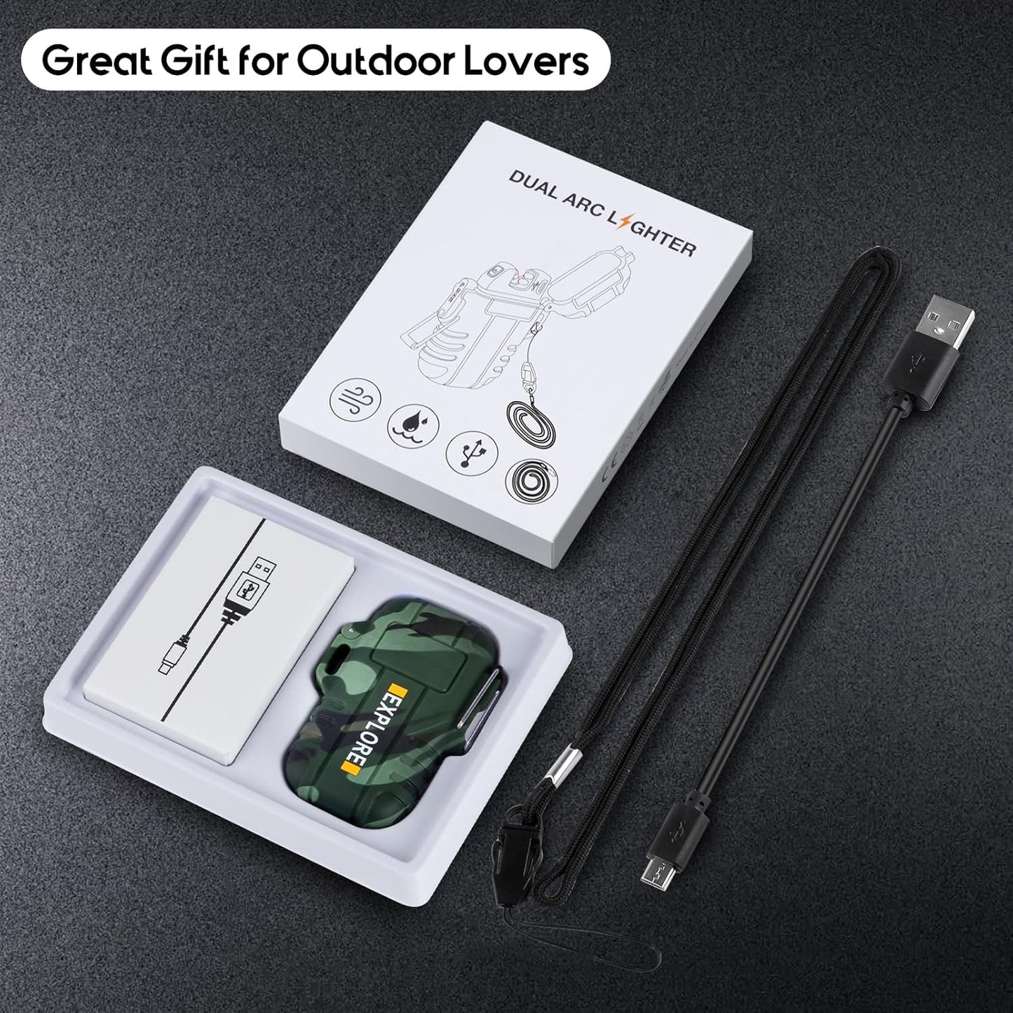 LcFun Waterproof Electric Dual Arc Lighter USB Rechargeable Outdoor Windproof Flameless Plasma Lighters for Camping, Hiking, Adventure, Survival Tactical Gear Gifts for Men