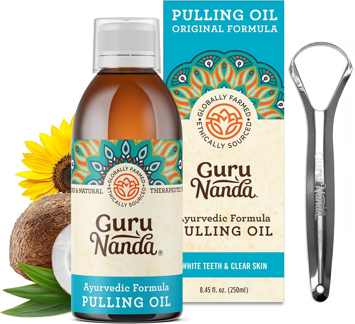 GuruNanda Original Oil Pulling Mouthwash, Promotes Deep Cleaning, with Coconut & Sesame for Teeth & Gum Health & Fresh Breath, Alcohol-Free, 8.45 Fl Oz