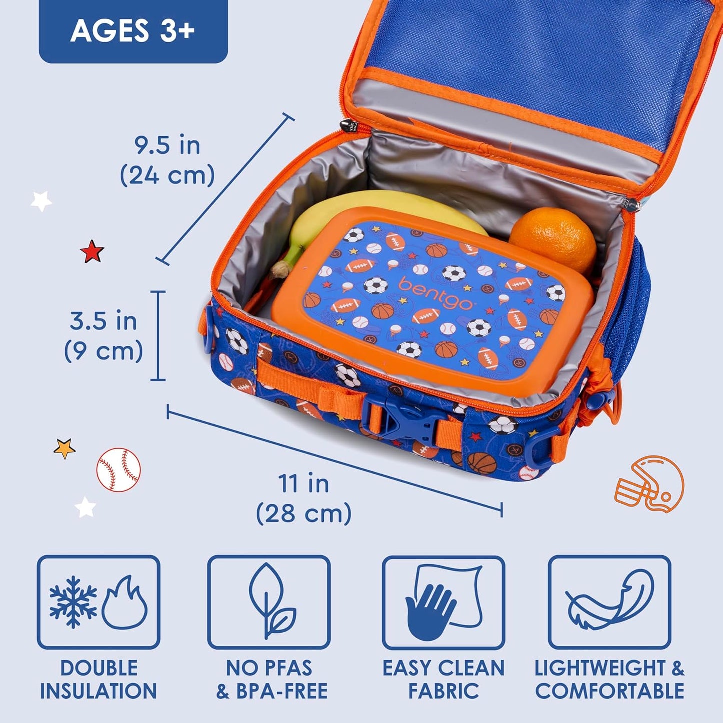 Bentgo Kids Lunch Bag - Double-Insulated, Reusable Lunch Bag for Kids 3+ with Adjustable Strap; Holds Lunch Box/Water Bottle/Snacks; Easy-Clean, Water-Resistant & Pockets (Sports)