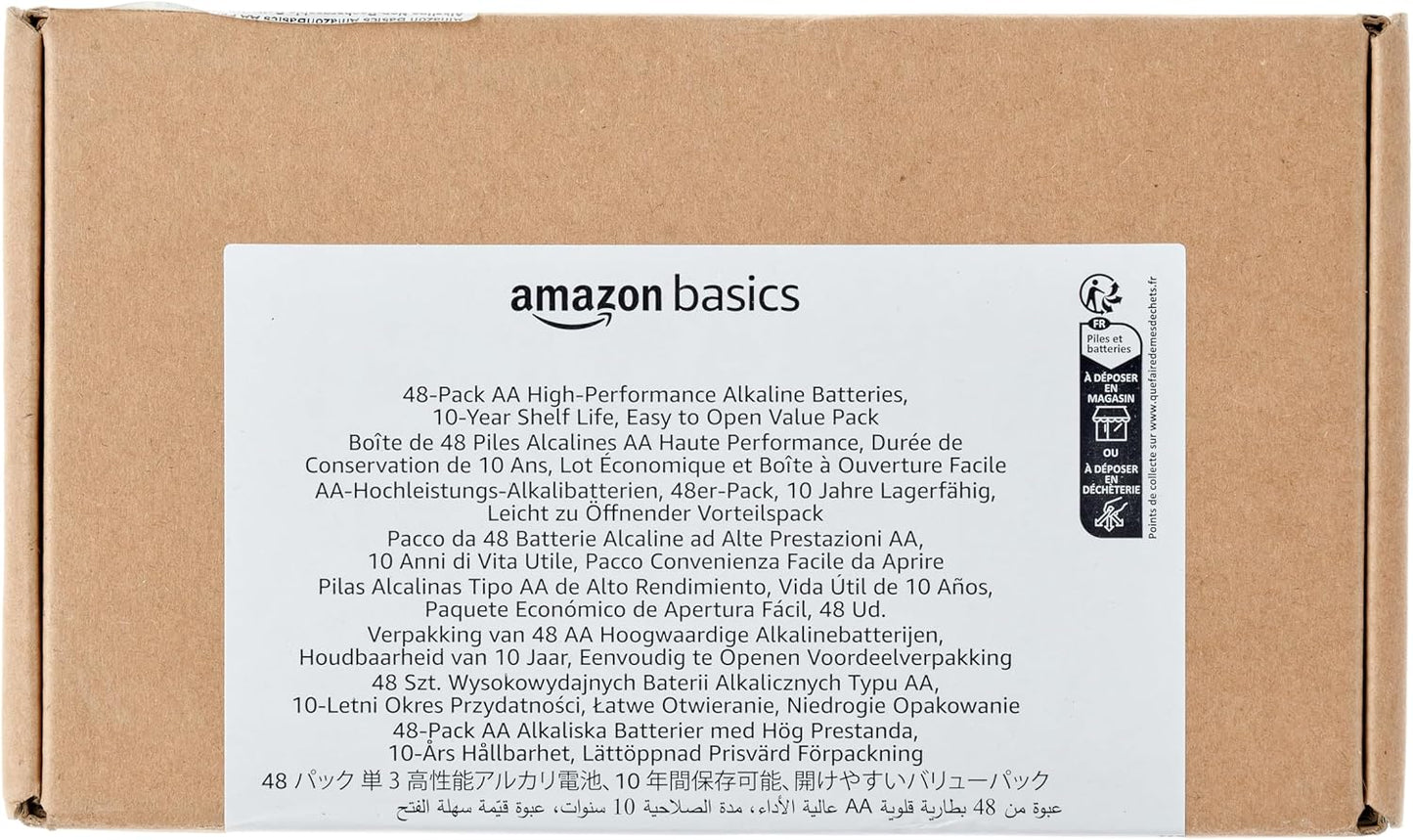 Amazon Basics 48-Pack AA Alkaline High-Performance Batteries, 1.5 Volt, 10-Year Shelf Life