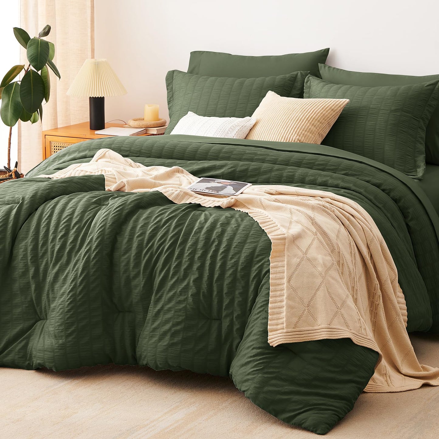 CozyLux Queen Comforter Set White Seersucker 7 Pieces Bed in a Bag Queen Comforter Set with Sheets, Luxury Soft Bedding Set with Down Alternative Comforter, Sheets, Pillowcases & Shams for All Seasons