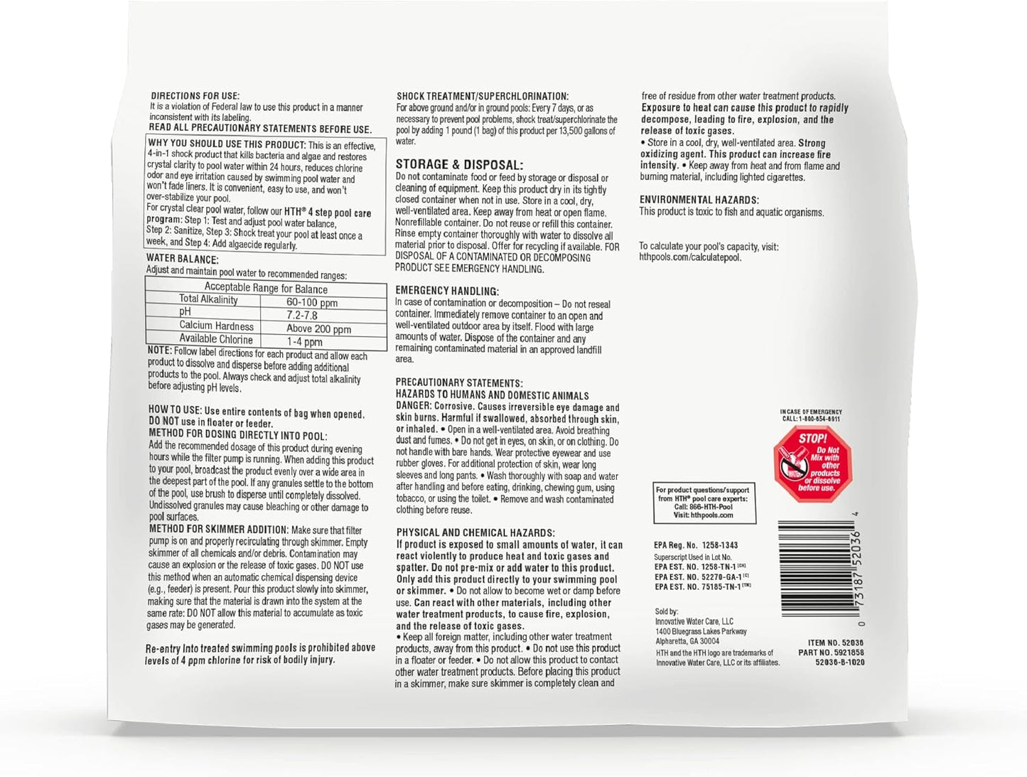HTH 52036R Pool Care Shock Advanced, Swimming Pool Chemical - Cal Hypo Formula, Prevents Bacteria & Algae, Restores Crystal Clear Water - Shock Treatment, (6 Pack)