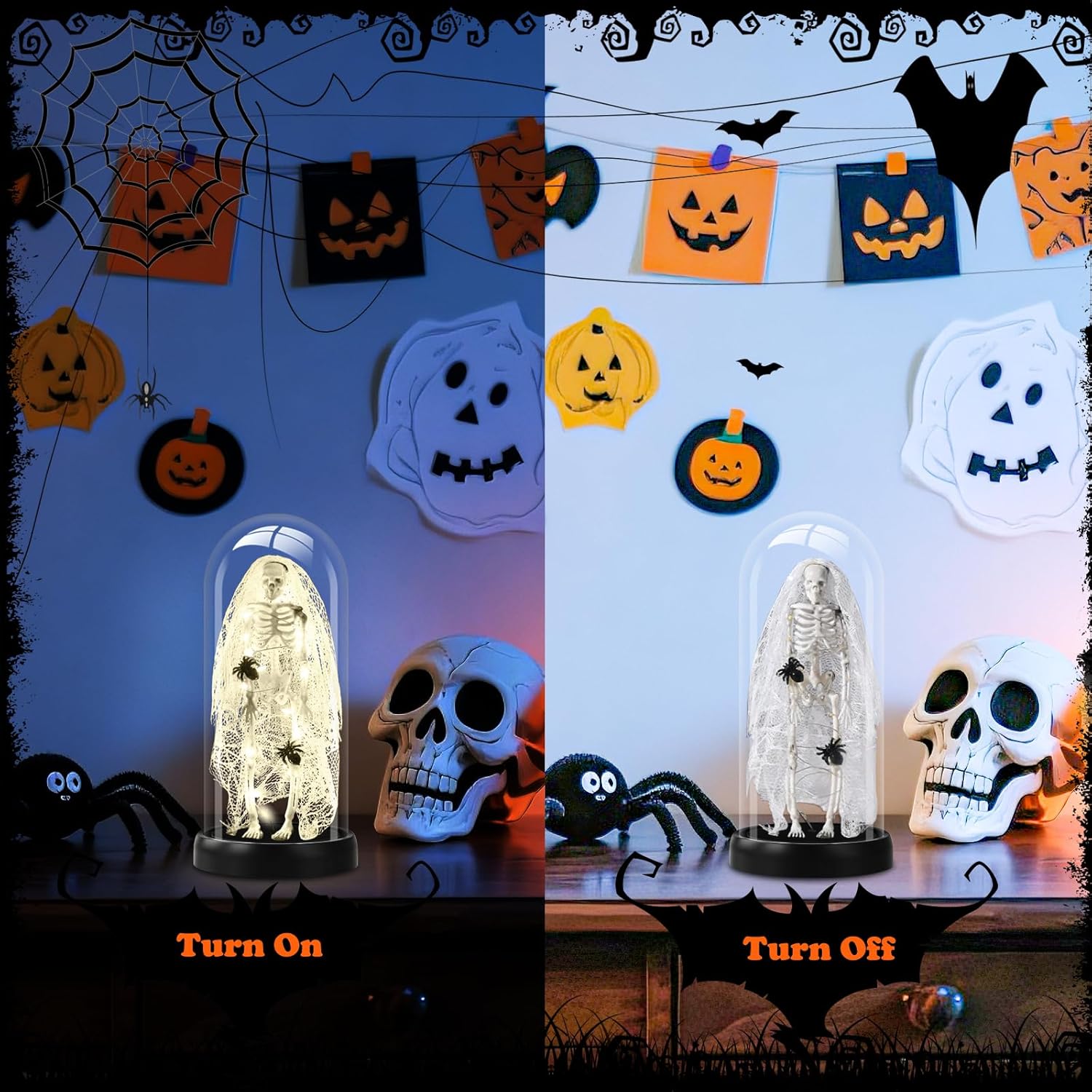 Halloween Decorations-Light-Up Skull with Spider Halloween Decor Indoor Cute Skull Tabletop Decor for Party Home Kitchen and Fireplace, 8.46"x4.2" Flickering LED Terror