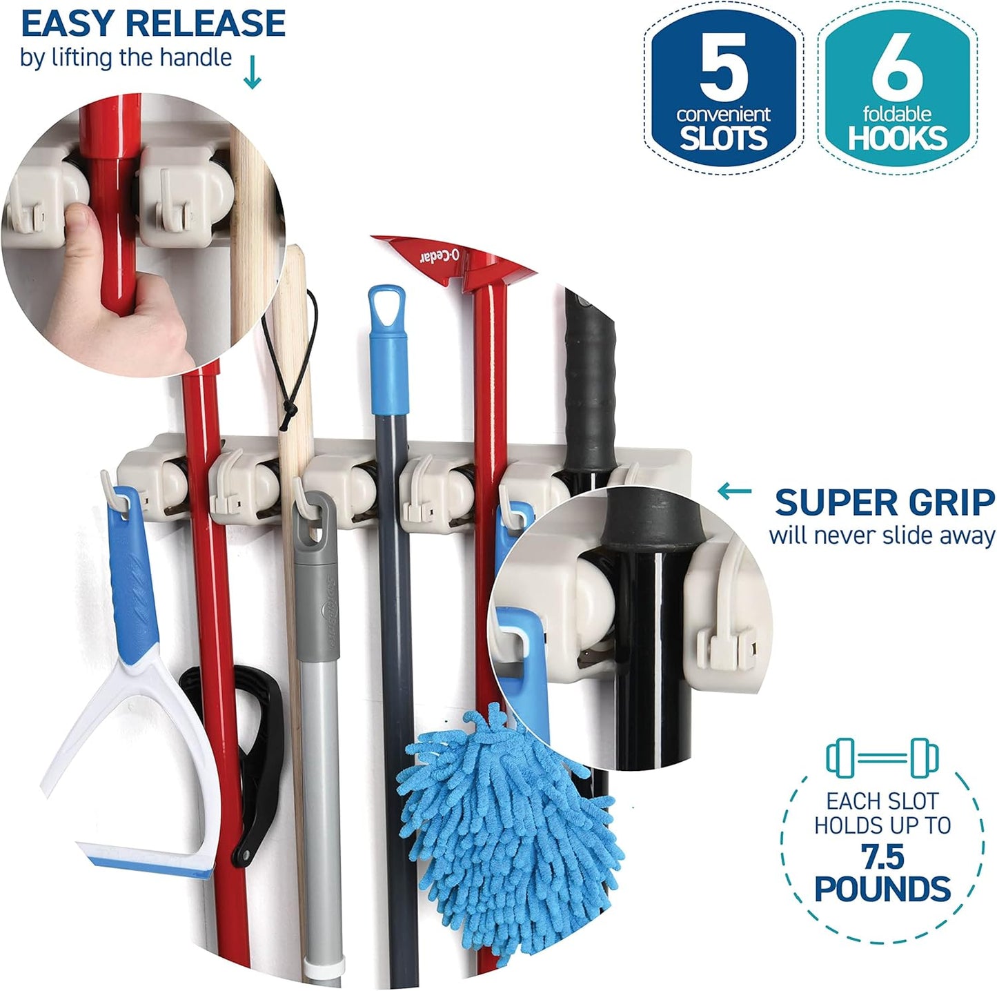 Home-it Mop and Broom Holder Wall Mount Garden Tool Storage Tool Rack Storage & Organization for the Home Plastic Hanger for Closet Garage Organizer (5-position)