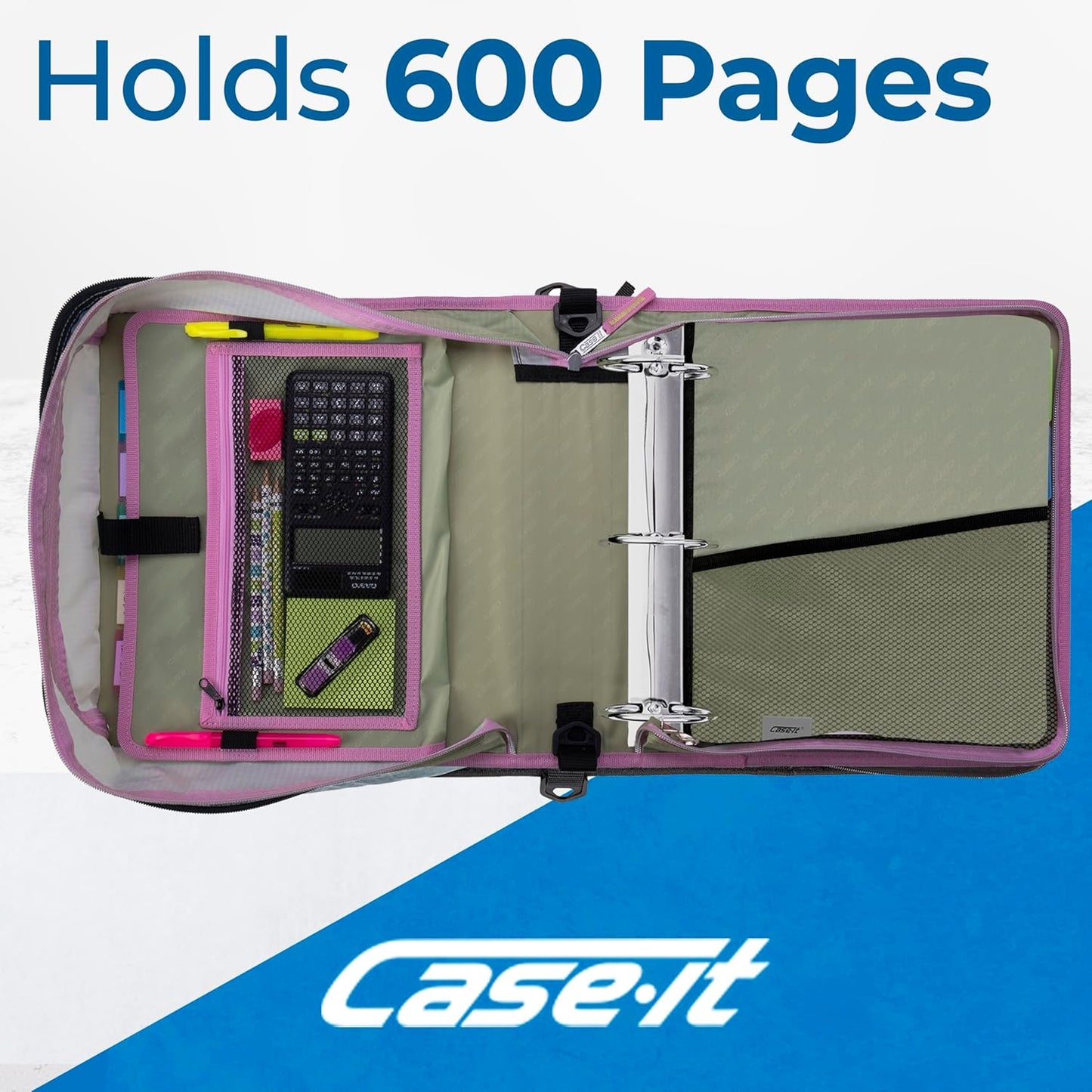 Case-it Mighty Zip Tab School Zipper Binder | 3-Inch O-Rings, 600-Sheet Capacity, 5-Subject Expanding File Folder, Multiple Pockets & Storage Organizer, Shoulder Strap | D-146 Fun Flowers