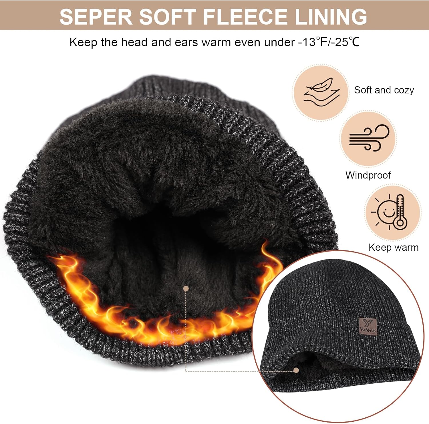 Winter Beanies Hats for Men Women, 2-Pack Soft Fleece Lined Beanie, Insulated Ski Stocking Cap for Cold Weather