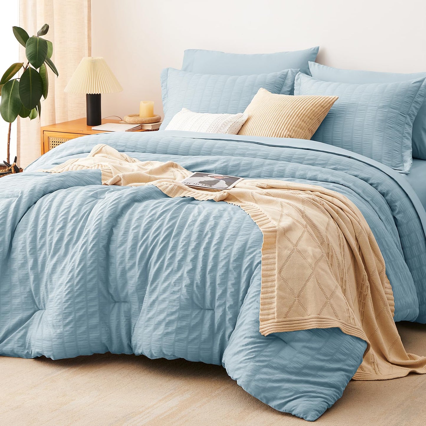 CozyLux Queen Comforter Set White Seersucker 7 Pieces Bed in a Bag Queen Comforter Set with Sheets, Luxury Soft Bedding Set with Down Alternative Comforter, Sheets, Pillowcases & Shams for All Seasons