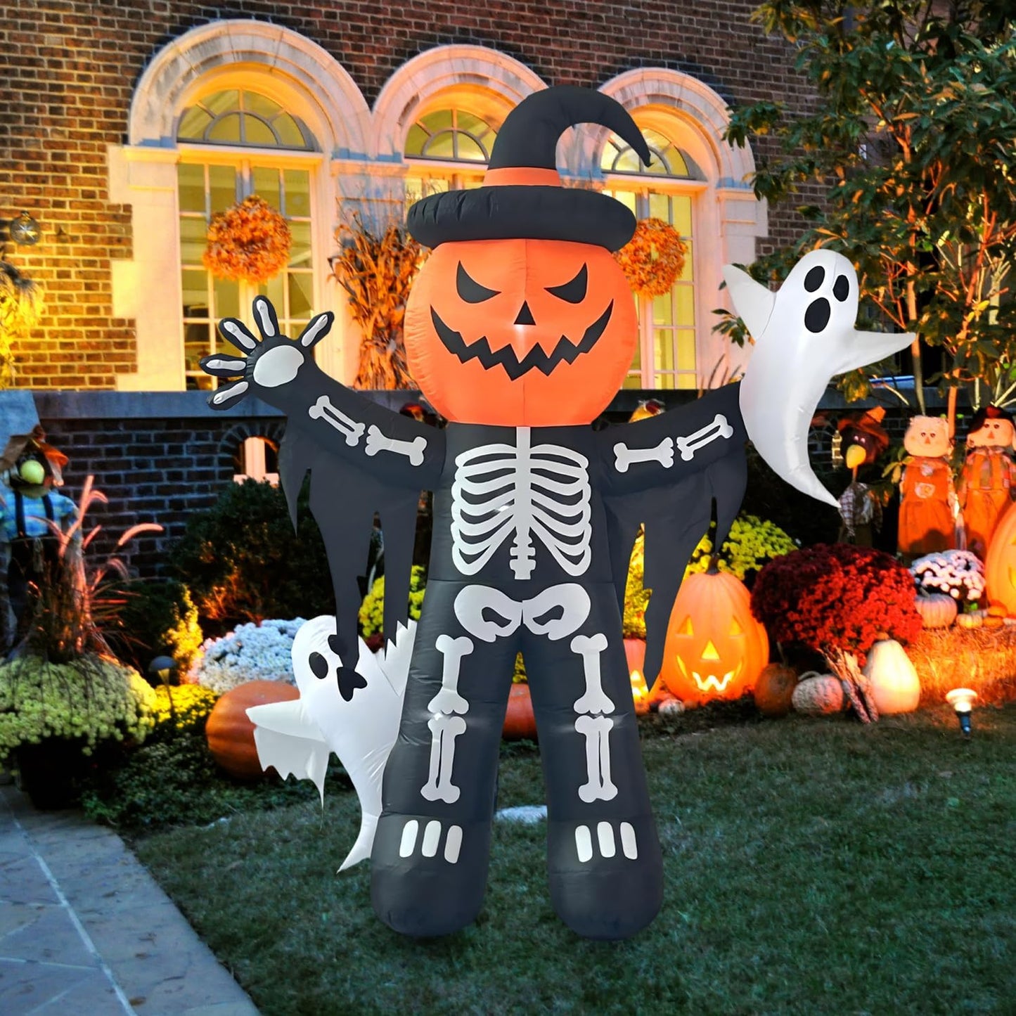 LANGXUN 8ft Skeleton Pumpkin with Ghosts 2025 Halloween Inflatable Decorations - Giant LED-Lit Outdoor Indoor Yard Decor for Lawn, Garden, Patio Holiday Parties
