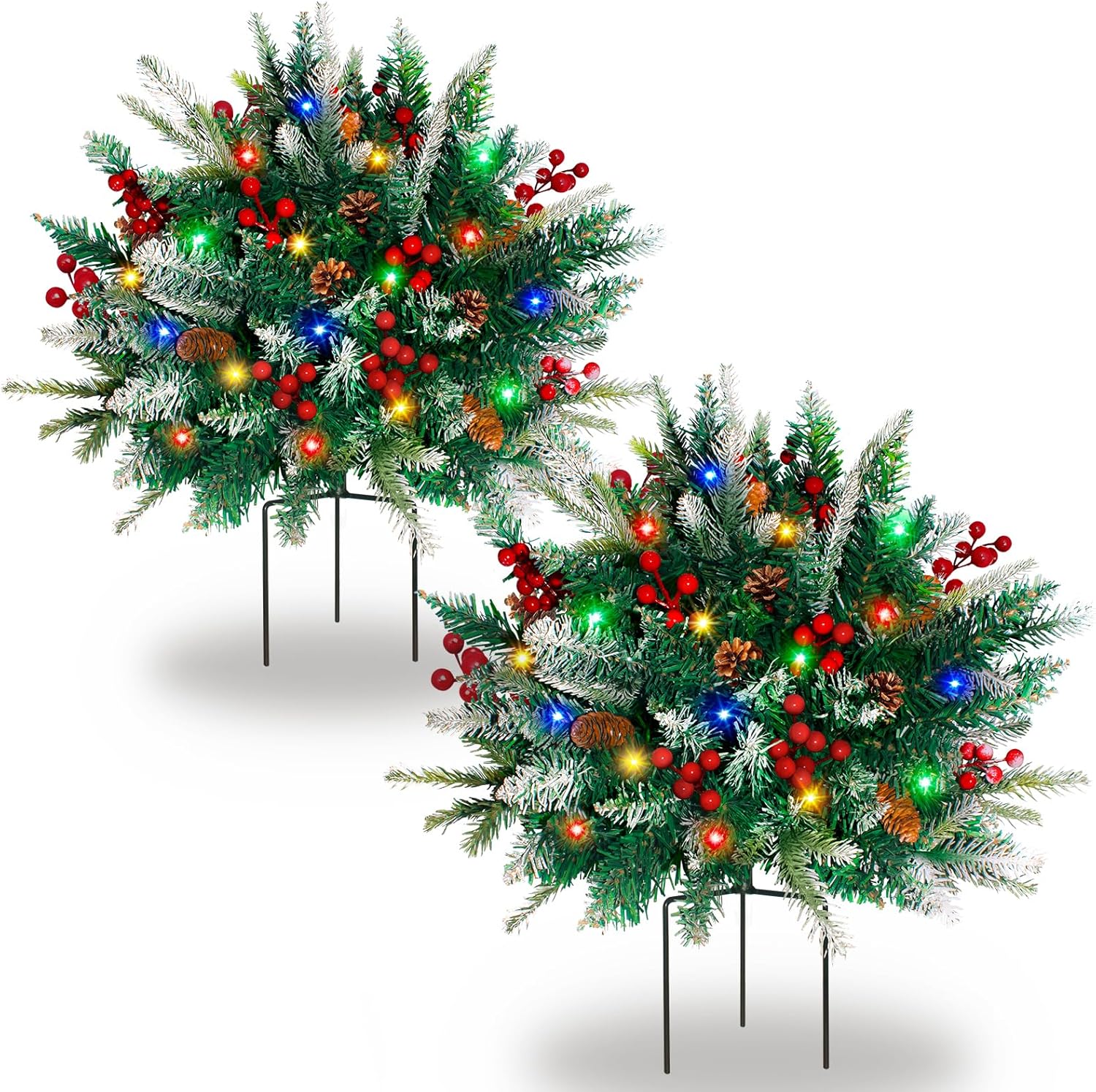 2 Pack Lighted Artificial Christmas Urn Filler, Battery Operated Pre-lit Xmas Pine Trees, Tripod Stake and 60 LED Lights, Holiday Porch Decorations for Porch, Yard, Garden, Flower Beds(Multicolor)