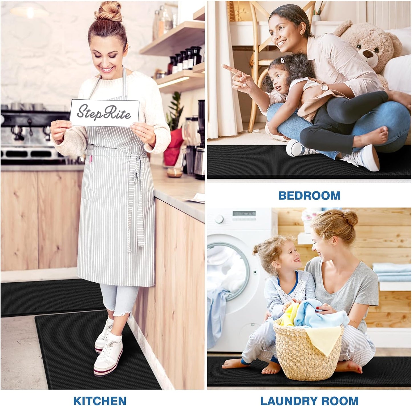 StepRite Kitchen Mats, 2PCS Kitchen Rugs, Cushioned Anti Fatigue Kitchen Mats for Floor, Non-Slip Standing Desk Mat, Waterproof Kitchen Rug Set for Kitchen, Floor, Office, 17.3"x30"+17.3"x47", Black
