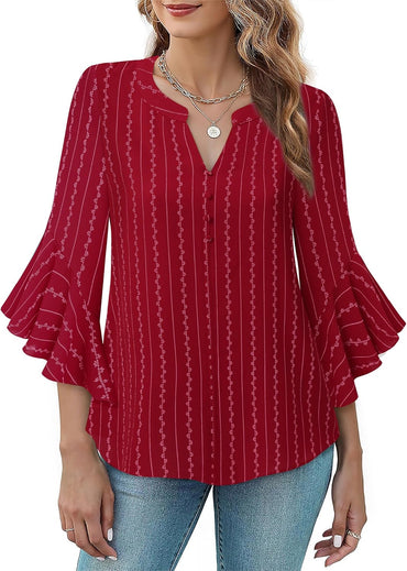 Bebonnie Womens Tops Dressy Casual Ruffle 3/4 Sleeve Henley V Neck Chiffon Blouses with Buttons