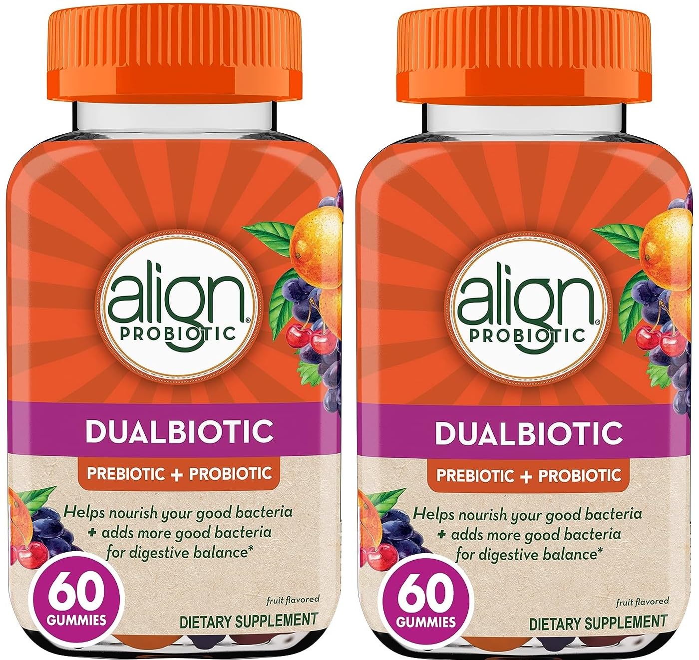 Align Dualbiotic, Prebiotics and Probiotics for Women and Men, Probiotics for Digestive Health, Prebiotics Help Nourish Good Bacteria, Natural Fruit Flavors, 60 Probiotic Gummies