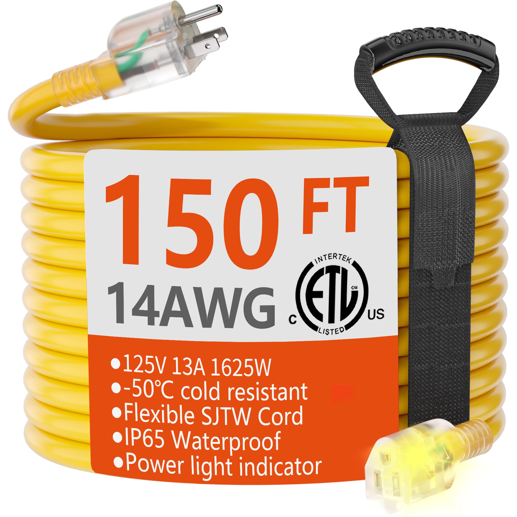 HUANCHAIN Indoor Outdoor Black Extension Cord 50 ft Waterproof, 16/3 Gauge Flexible Resistant Appliance Extension Cord Outside, 13A 1625W 16AWG SJTW, 3 Prong Heavy Duty Electric Cable, ETL Listed